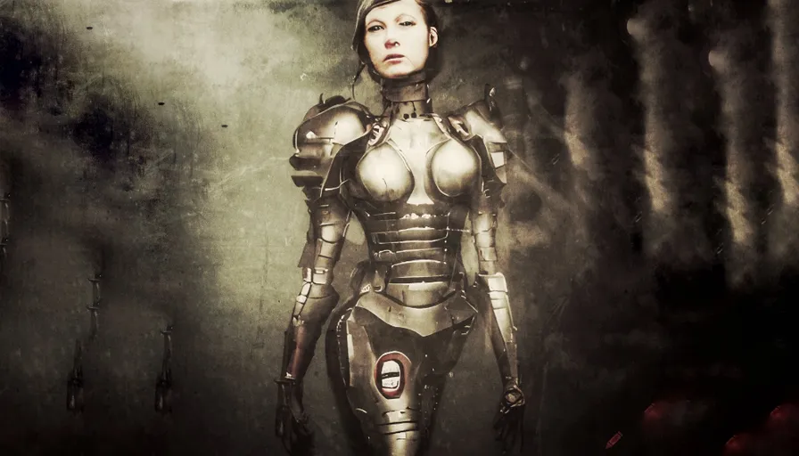 a woman in a futuristic suit standing in a dark room