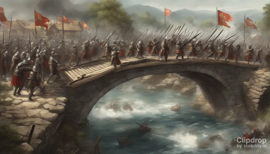 a painting of a group of people on a bridge