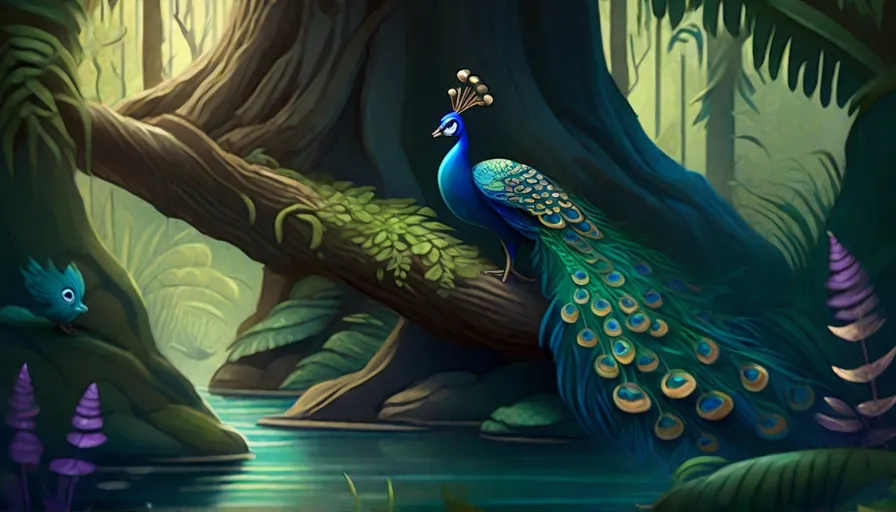 a painting of a peacock standing on a tree branch