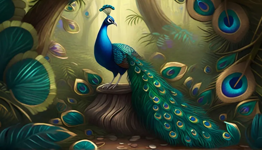 a painting of a peacock standing on a stump