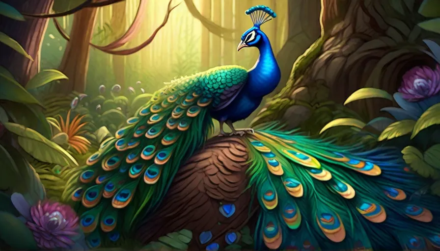 a painting of a peacock in a forest