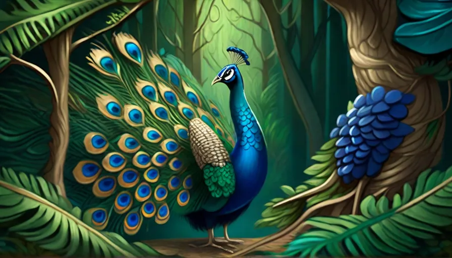 a painting of a peacock in a forest