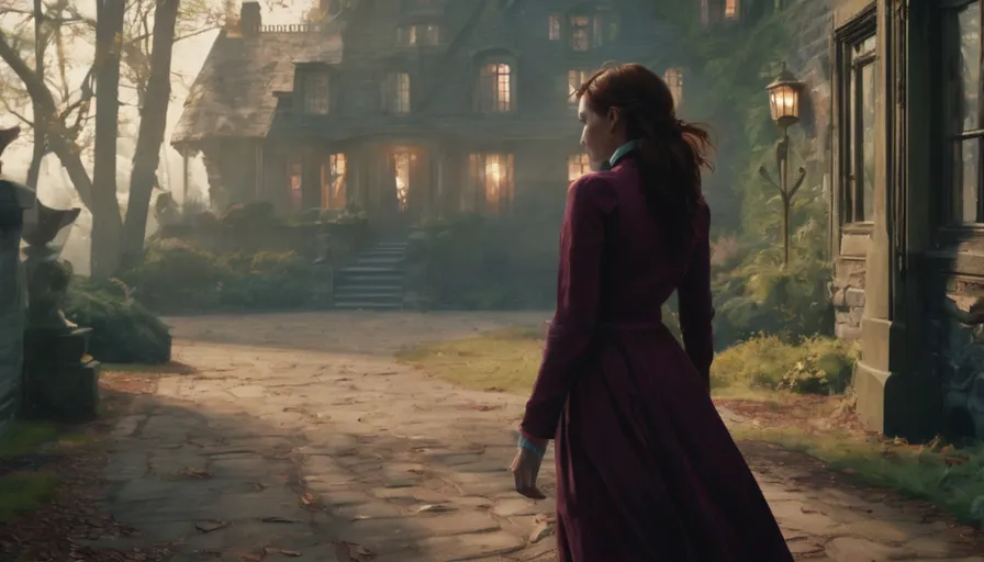 a woman in a purple dress standing in front of a house