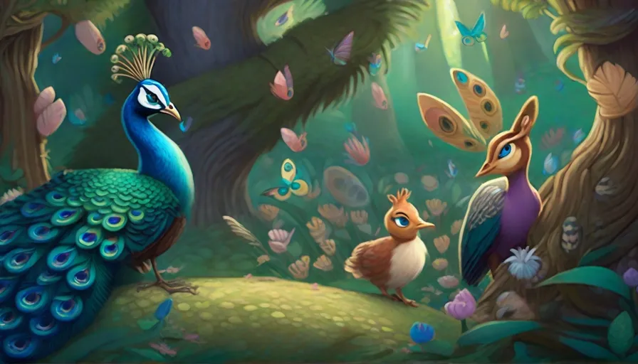 a painting of two peacocks and a bird in a forest