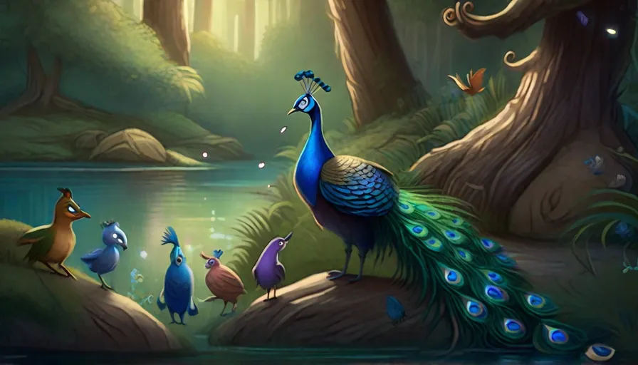 a painting of a peacock surrounded by other birds