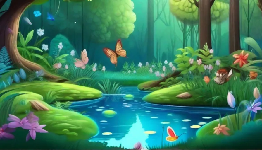 a painting of a forest with a stream and butterflies
