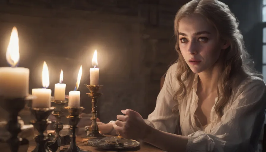 a woman sitting at a table with candles in front of her
