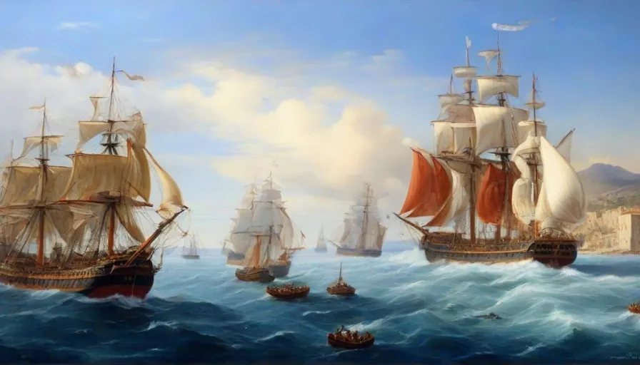 a painting of a fleet of ships in a body of water