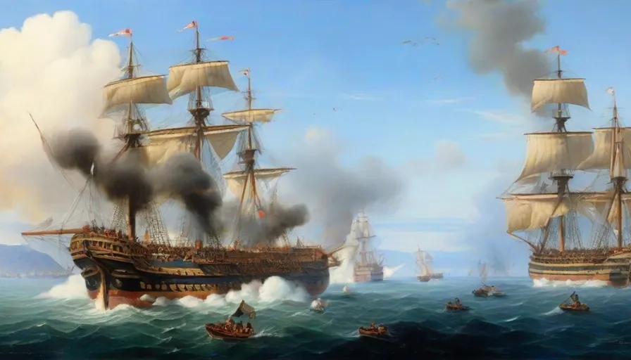 a painting of two ships in the ocean