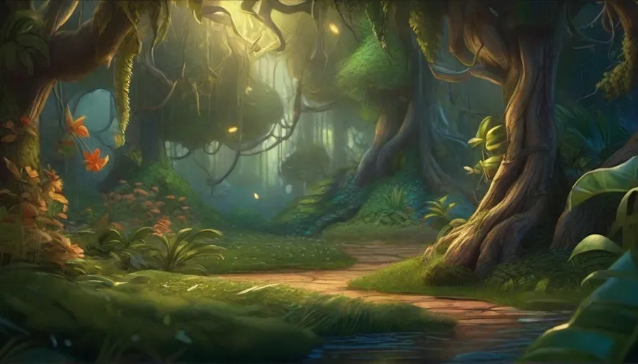 a painting of a path through a forest