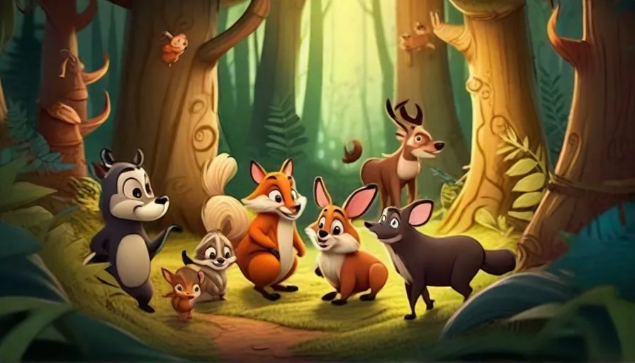 a group of animals standing in the middle of a forest