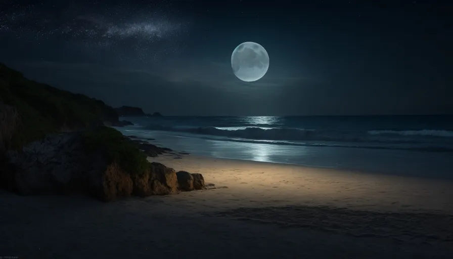 a full moon is seen over the ocean at night