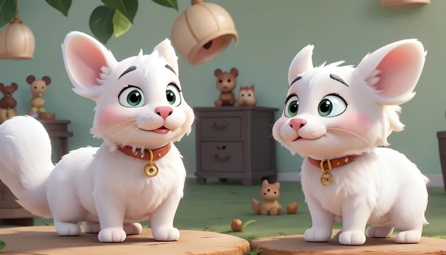 a couple of white cats standing next to each other