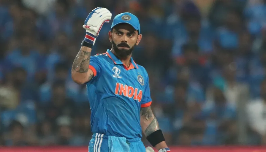 a man in a blue uniform holding a bat make him look like a real Virat Kohli