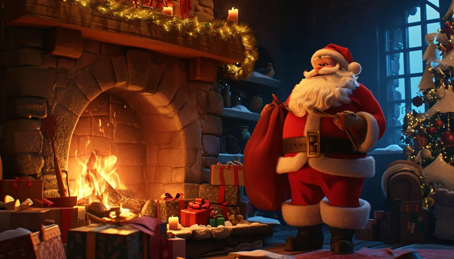 a santa clause standing in front of a fireplace