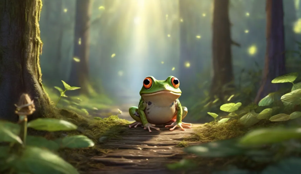 a frog sitting on a path in the middle of a forest