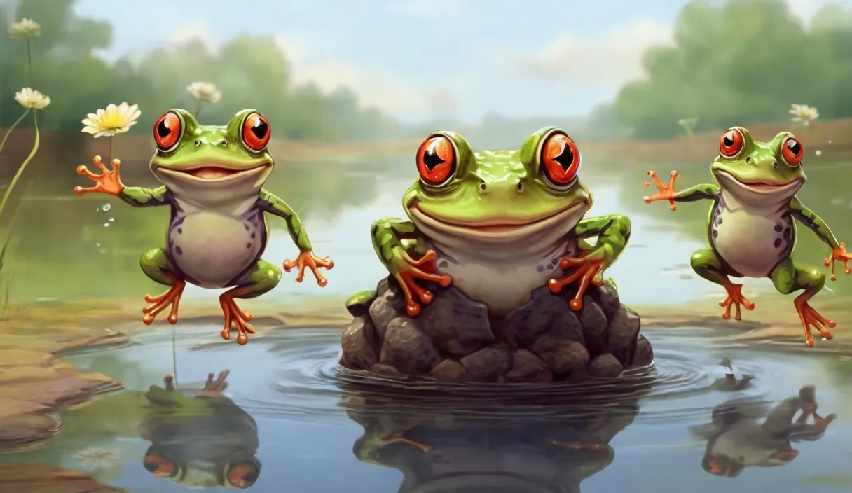 three frogs sitting on top of a rock in a pond