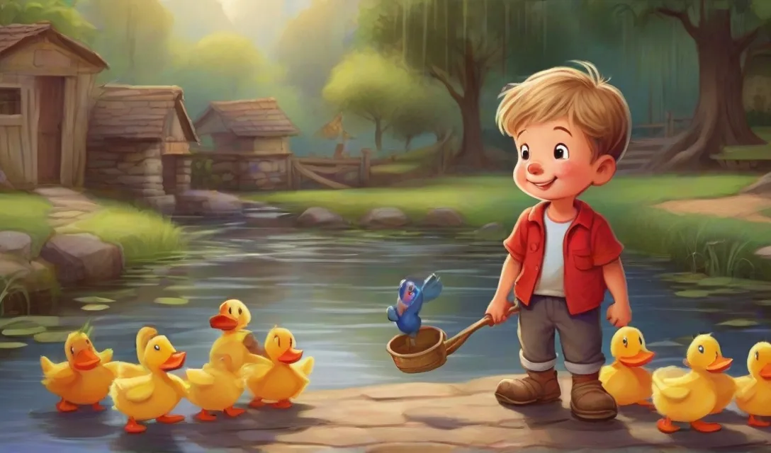 a little boy is holding a shovel near ducks