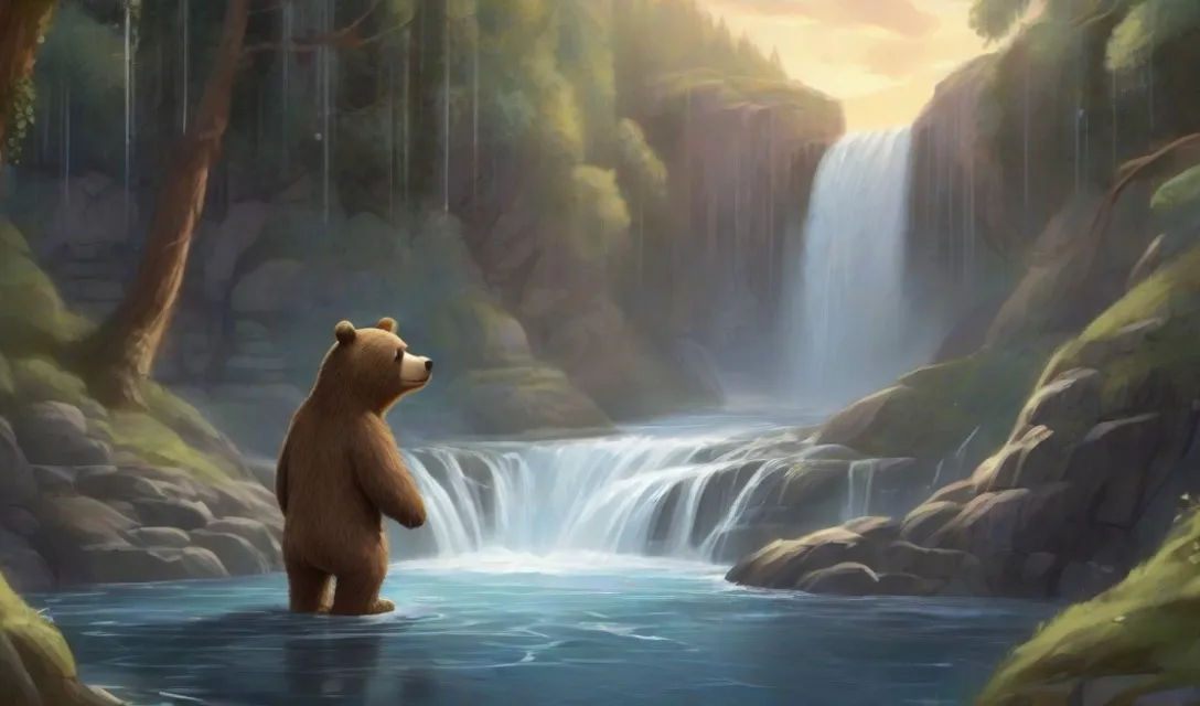 a brown bear standing in a river next to a waterfall