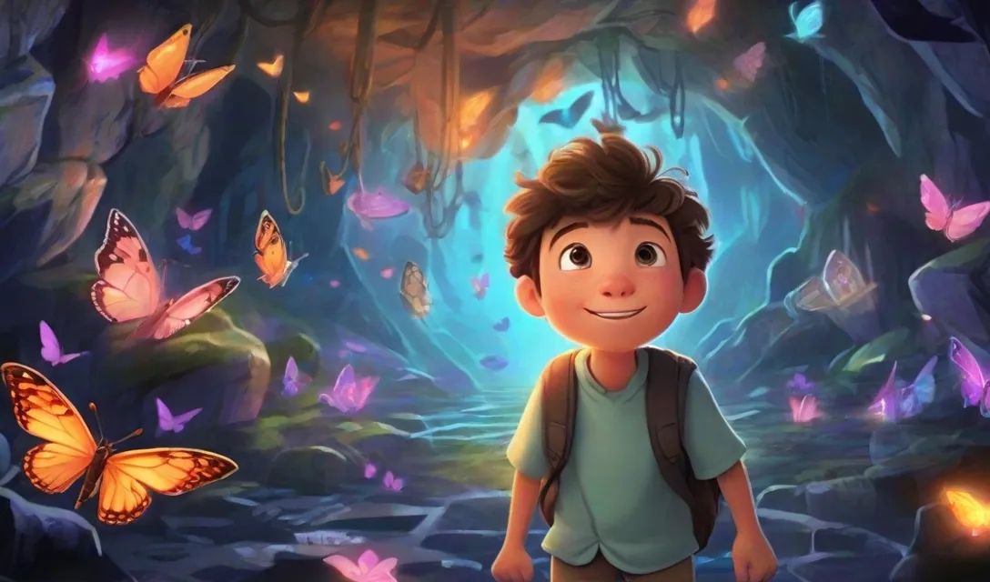 a boy in a cave with butterflies around him