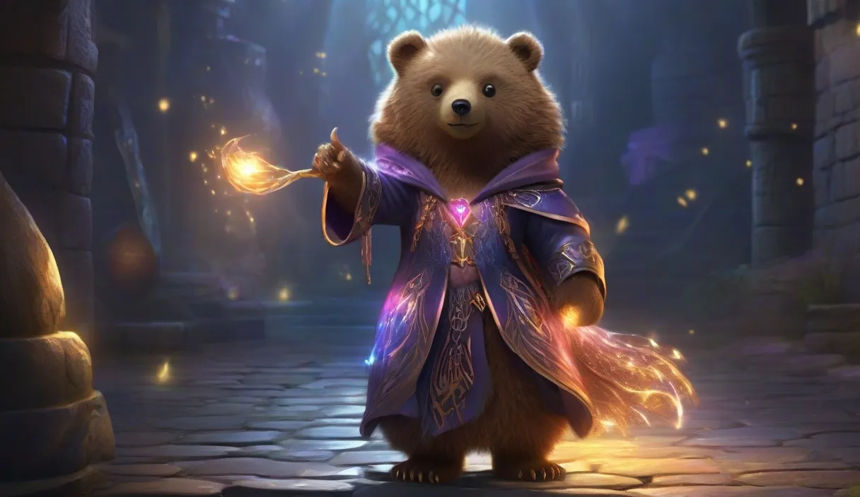 a bear dressed as a wizard holding a wand