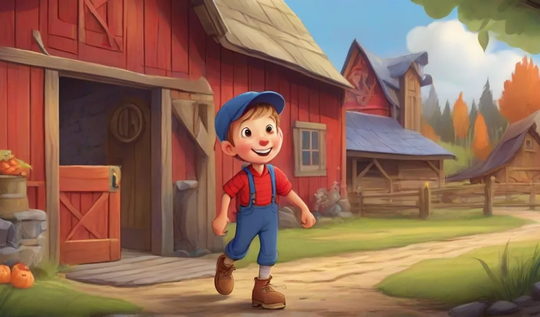 a boy in a red shirt and blue overalls standing in front of a barn