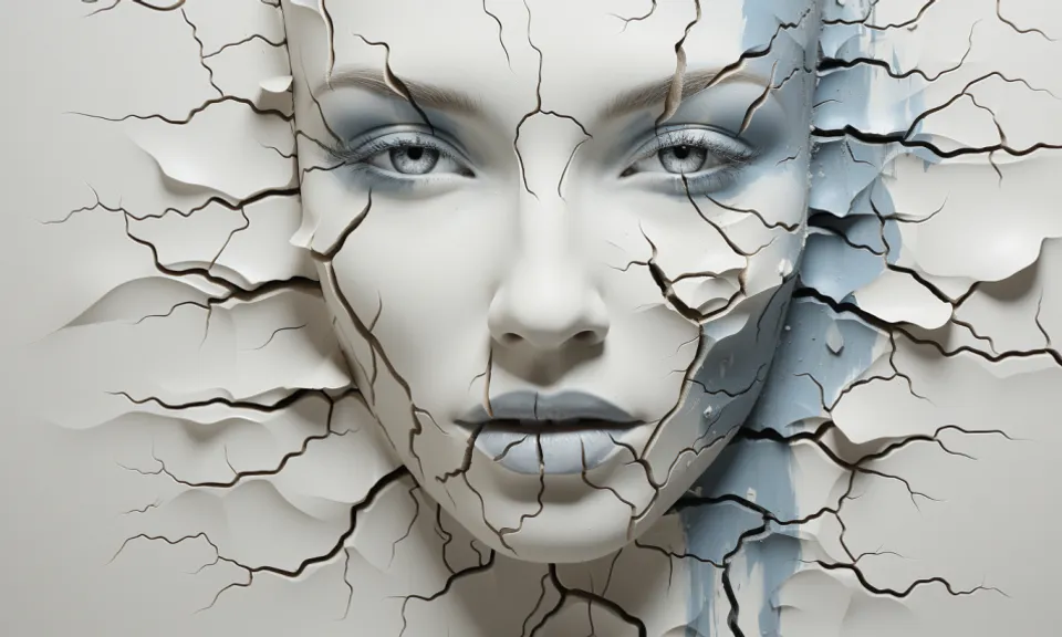 a woman's face is shown through a cracked wall