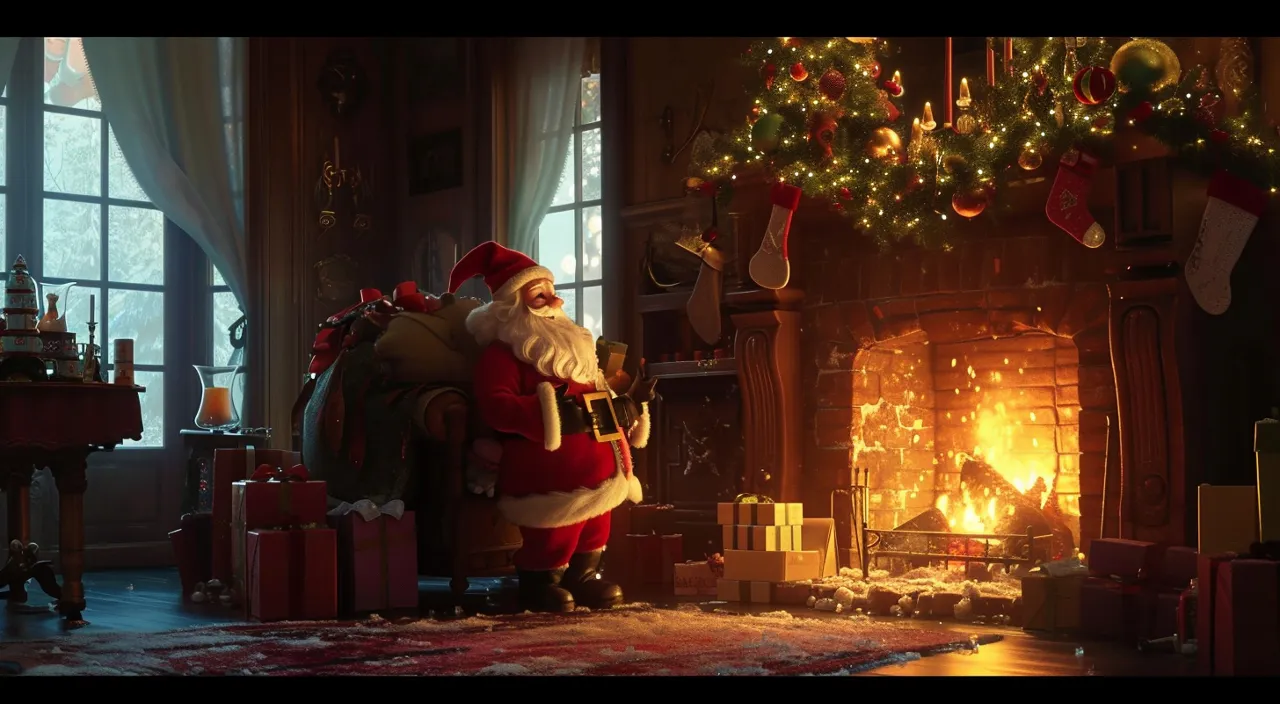 a man dressed as santa claus sitting in front of a fireplace