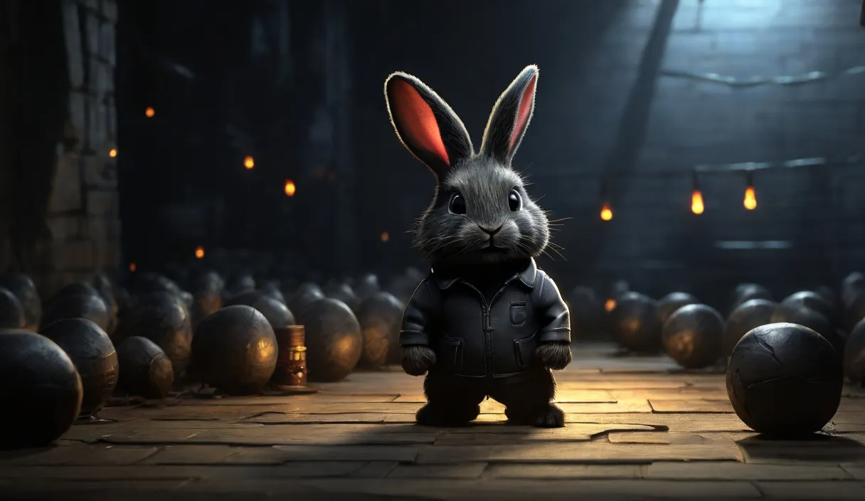 a rabbit standing in front of a bunch of balls