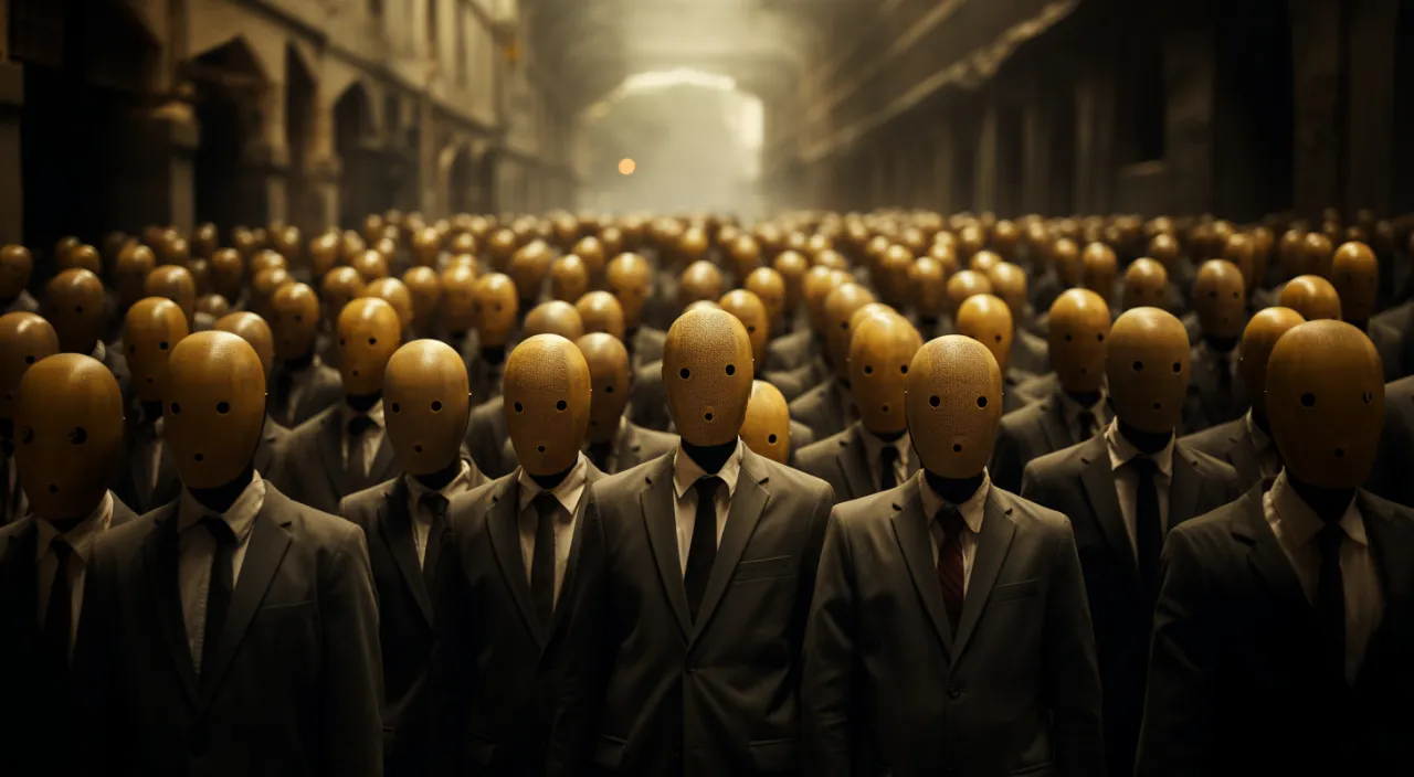 A close up on a group of mannequins dressed in business suits still standing in ruins