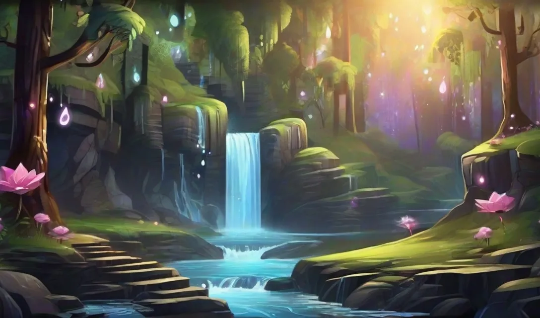 a painting of a waterfall in the middle of a forest