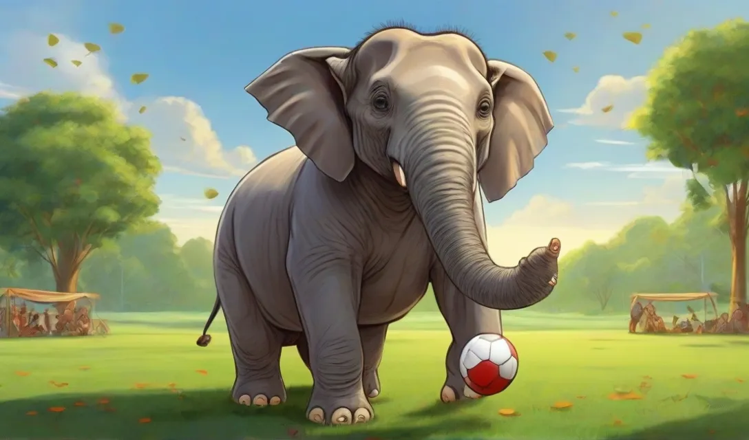 a painting of an elephant holding a soccer ball