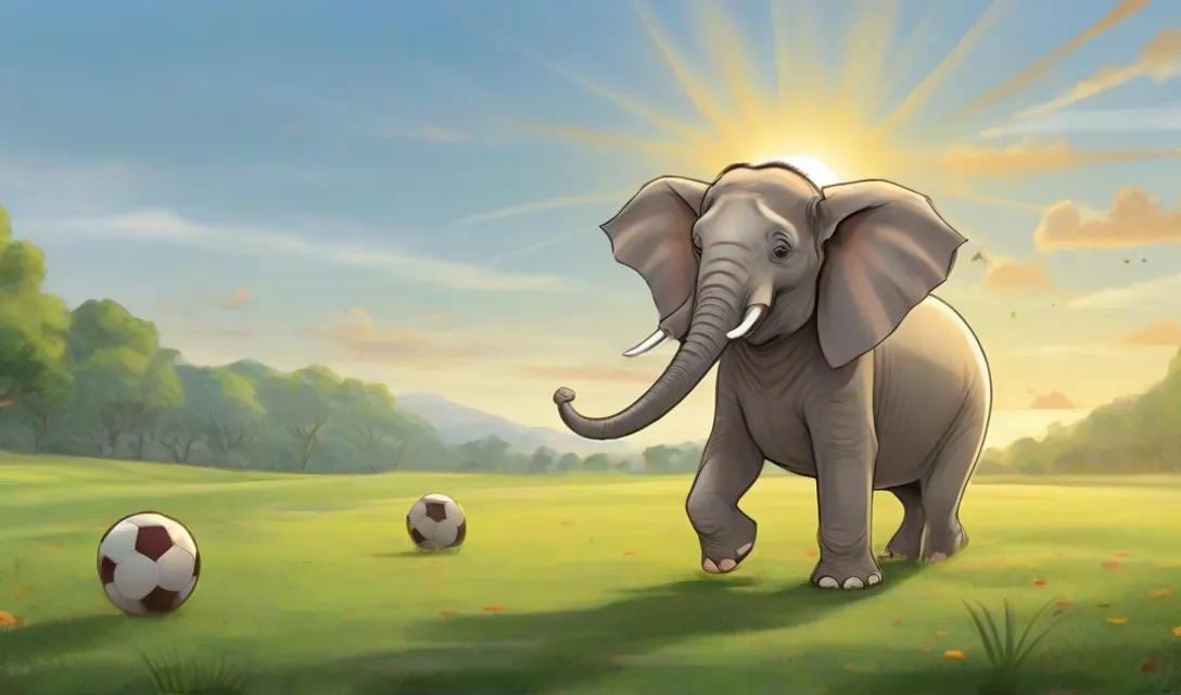 The sun shines brightly over the lush meadow where Raju, a playful elephant, eagerly running towards football. cartoon