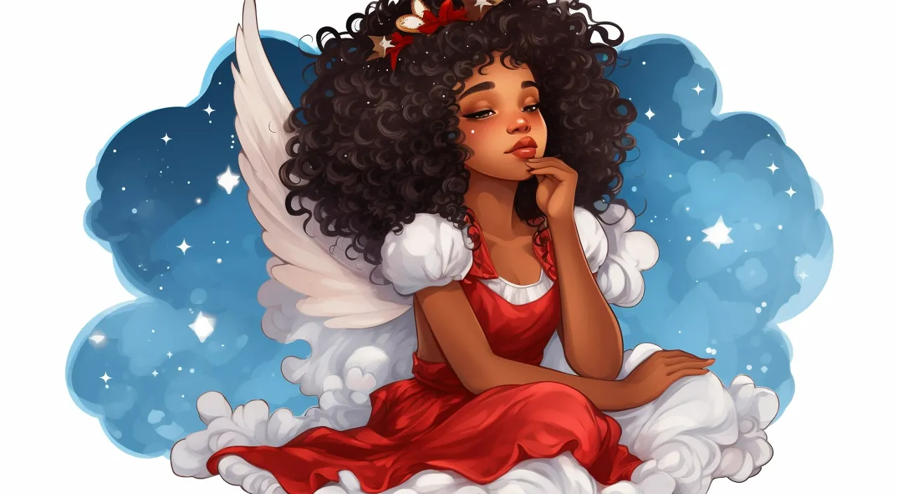 an african american beautiful christmas angel, wearing red and white santa claus christmas clothes, poster, starry night painting style, vintage, deep blacks, clear starry sky, puffy white clouds style, blown glass porcelain, mayo hamaghuchi, astro,josei anime style, i can't believe how beautiful this is, 32k 