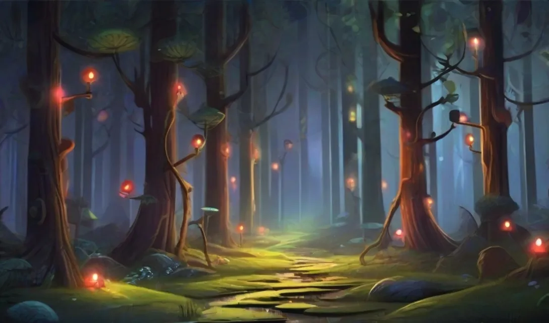 a painting of a path through a forest at night