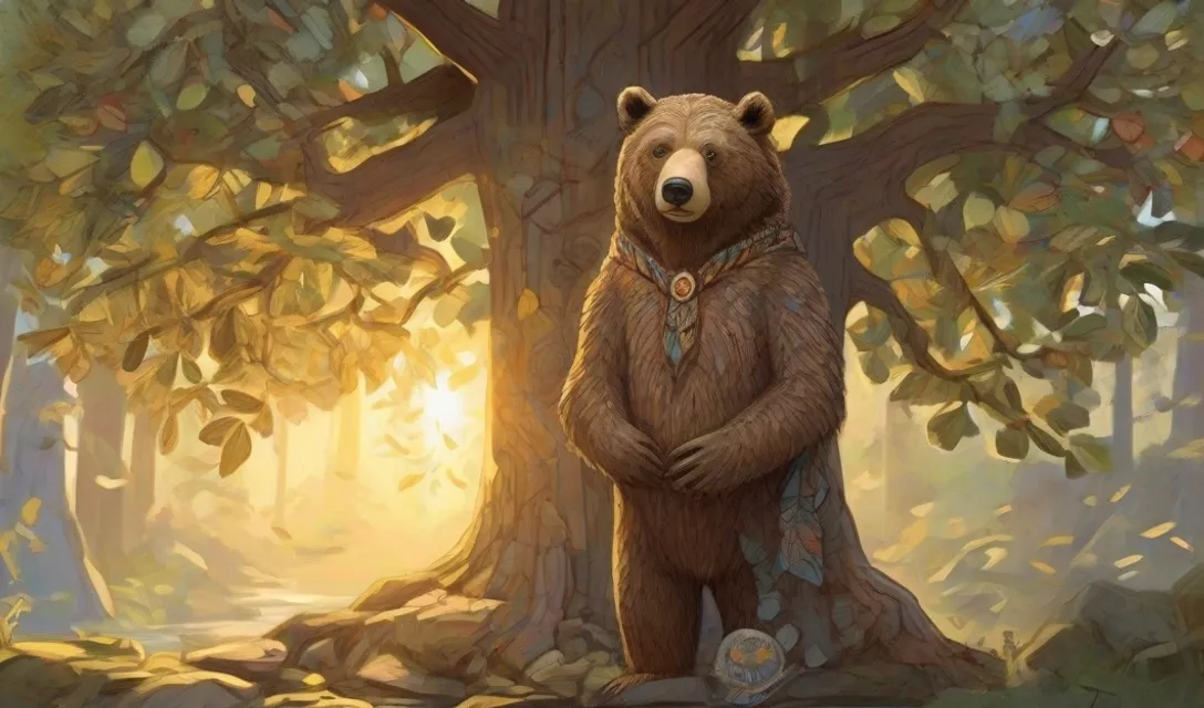 a painting of a bear standing in front of a tree