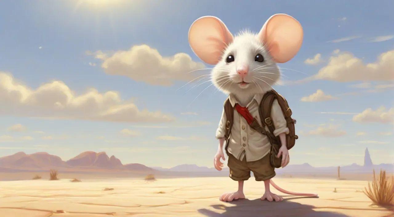 The relentless sun beats down on the vast desert landscape, setting the stage for our curious protagonist, a little white mouse.