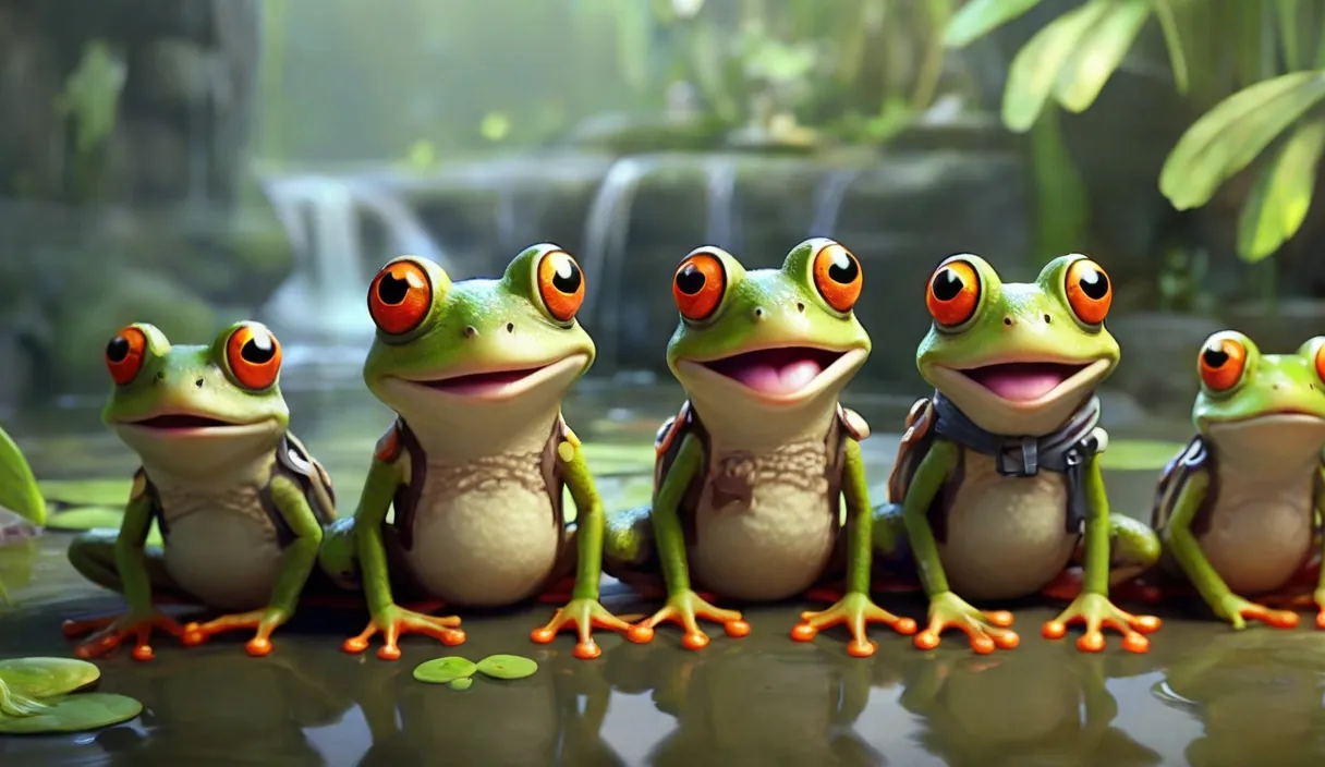 a group of frogs sitting next to each other