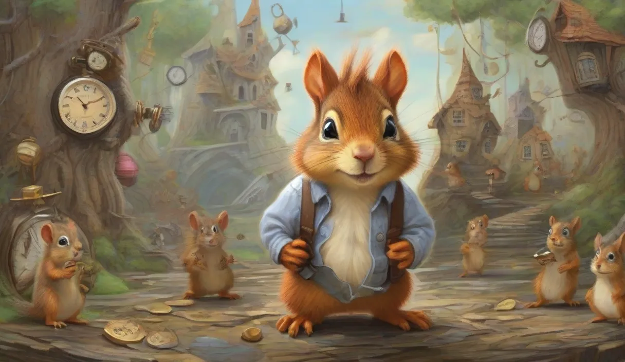 a painting of a squirrel with many other animals