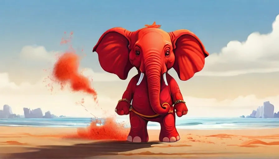 a red elephant standing on top of a sandy beach