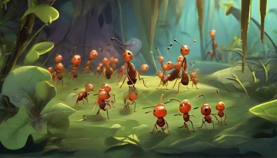 a group of red ants walking through a forest