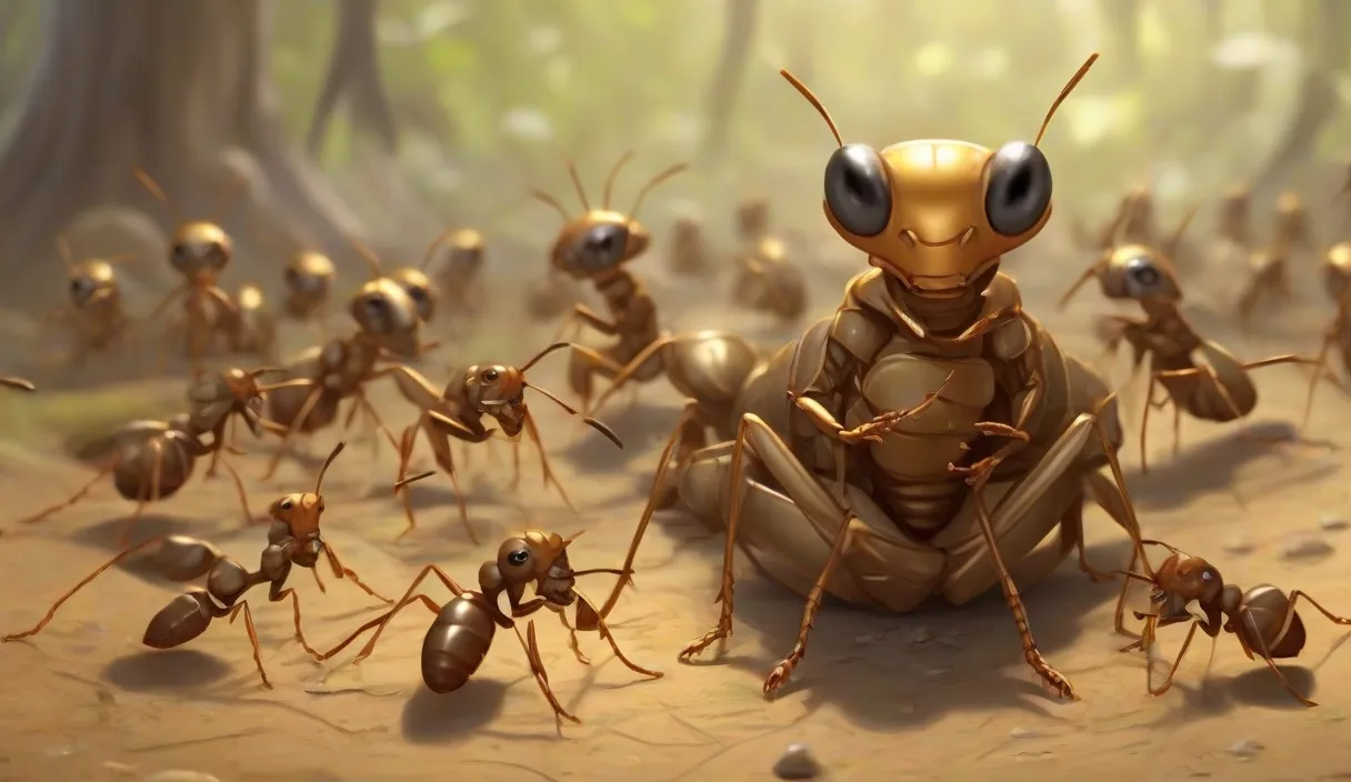 a group of ants standing in the middle of a forest