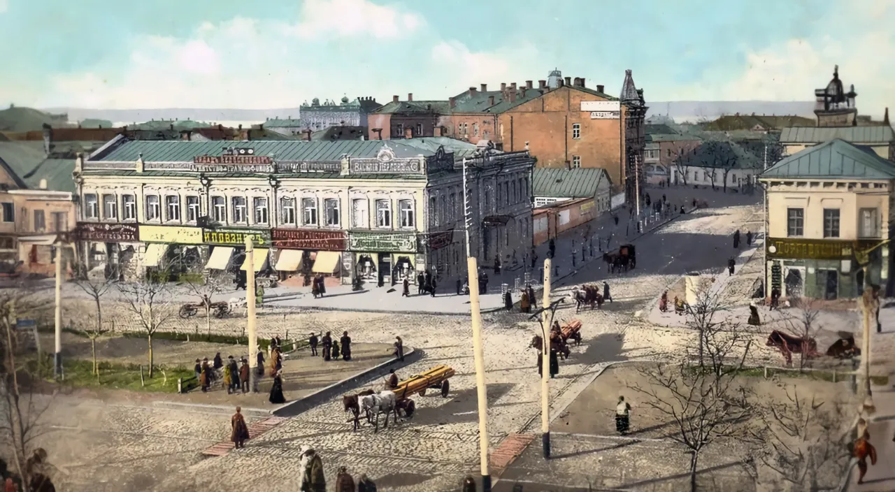 a painting of a town with a horse drawn carriage