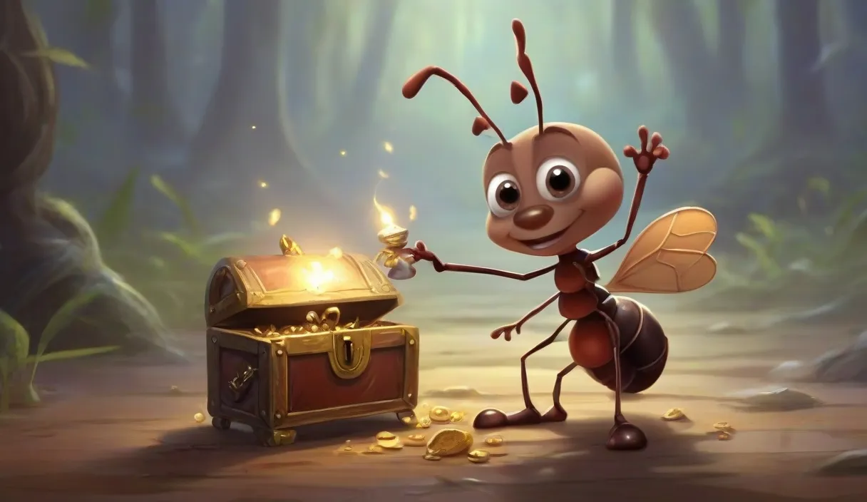 a cartoon ant standing next to a chest of gold