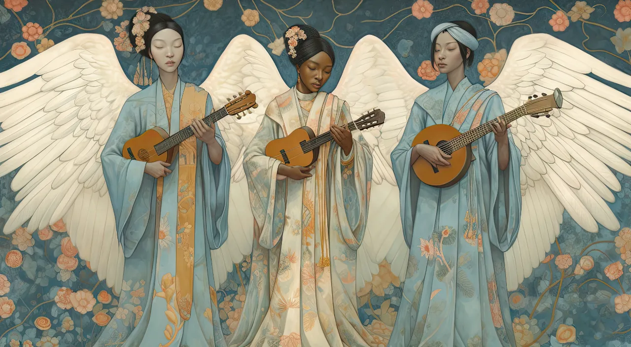 a painting of three angels with guitars