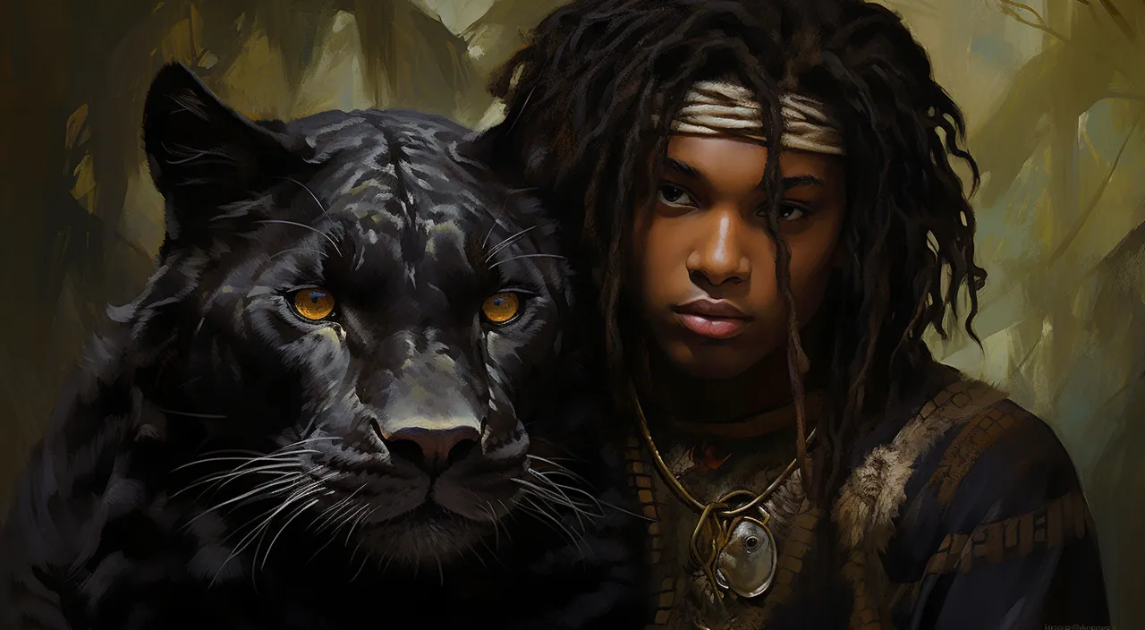 a painting of a black boy with dreads next to a black panther