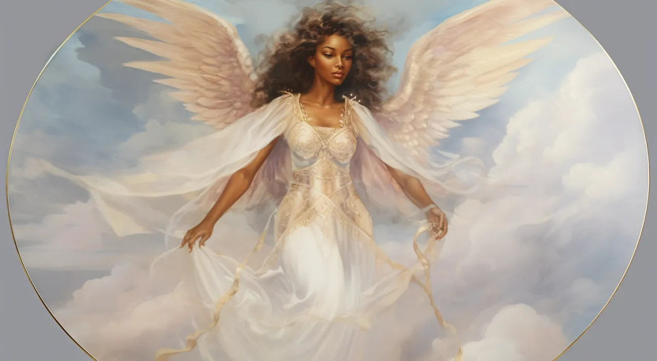 a painting of a african american woman with angel wings