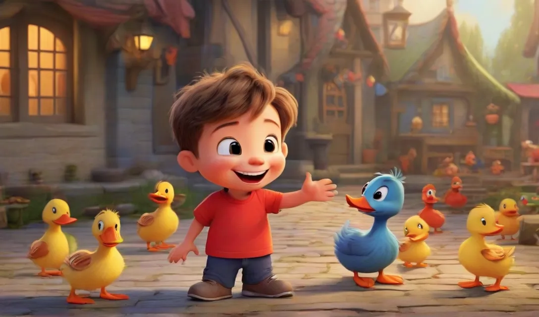 a little boy standing in front of a bunch of ducks