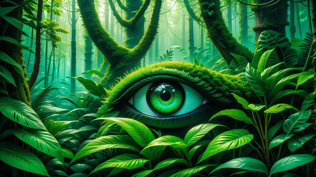 a painting of an eye in the middle of a forest with the eyeball moving