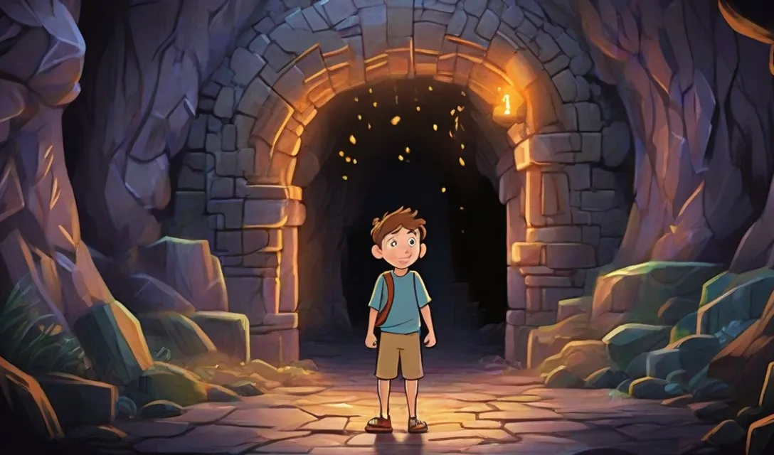 a boy standing in front of a stone tunnel